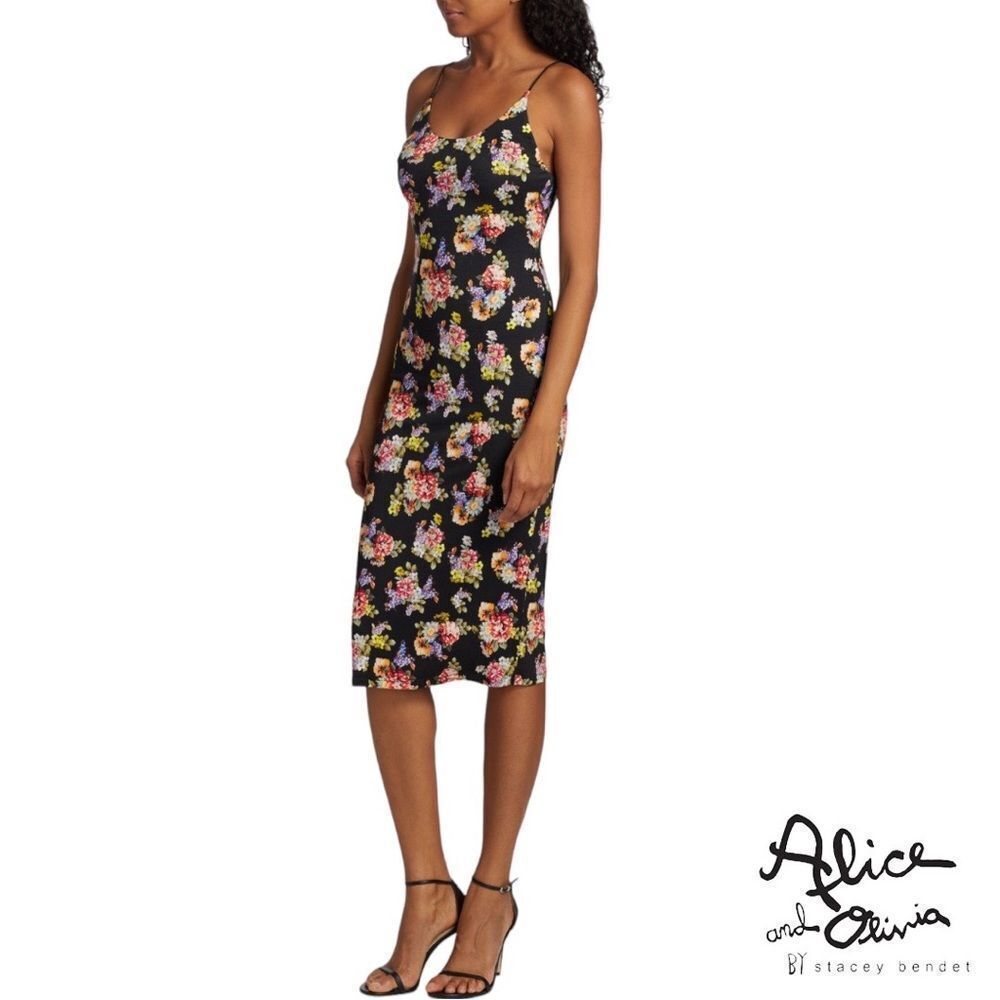 alice + olivia **NWT** Delora Black Magnolia Floral Print Fitted Midi D… - Picture 11 of 13